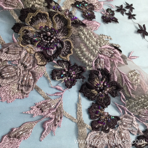 Dark Purple Handmade Beaded Lace Farbic